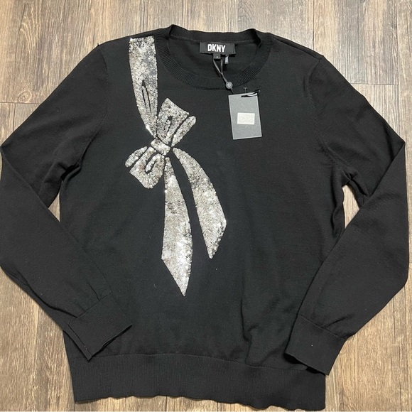 NWT DKNY Sequin Silver Bow Long Sleeves Round Neck Black Cotton Sweater Top M - Picture 9 of 12